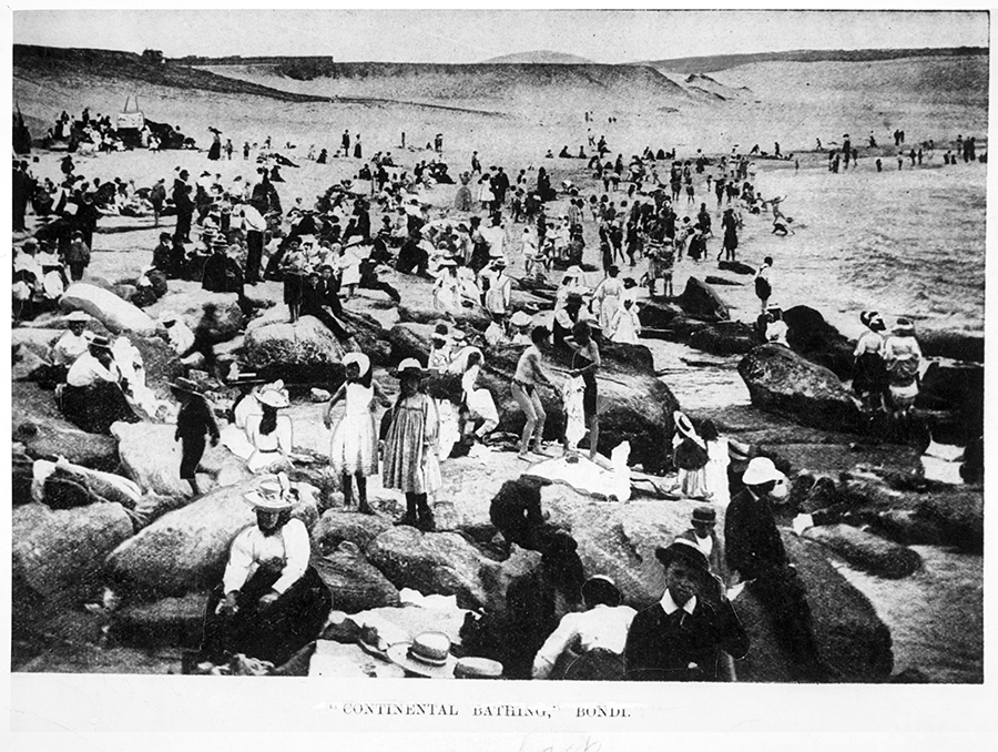 The former sand dunes of the Bondi region are evident in this ‘continental bathing’ image.