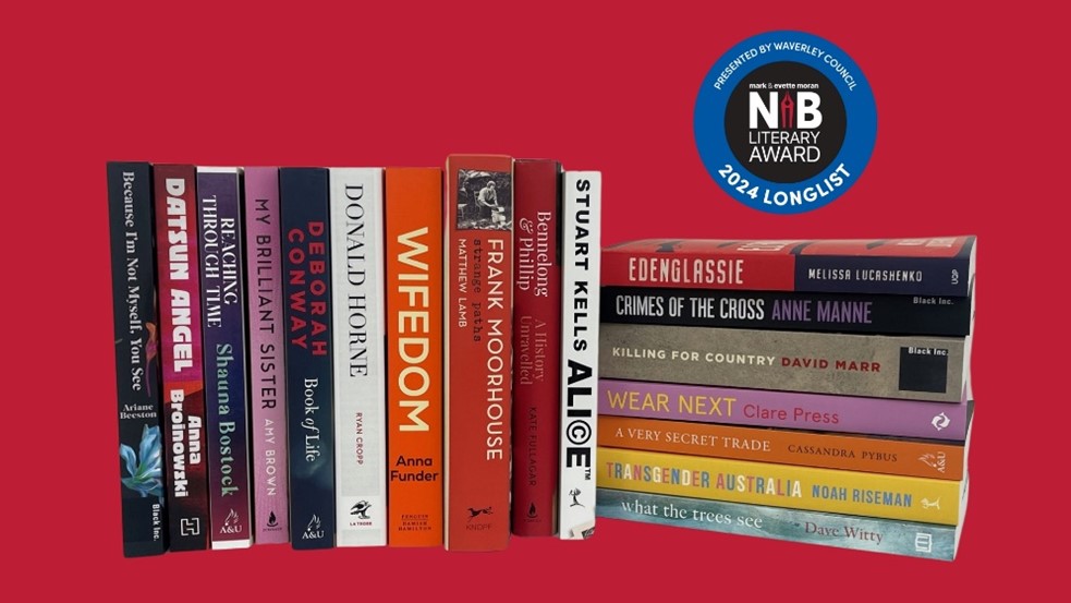 Book spines of the 17 Nib Award long list for 2024